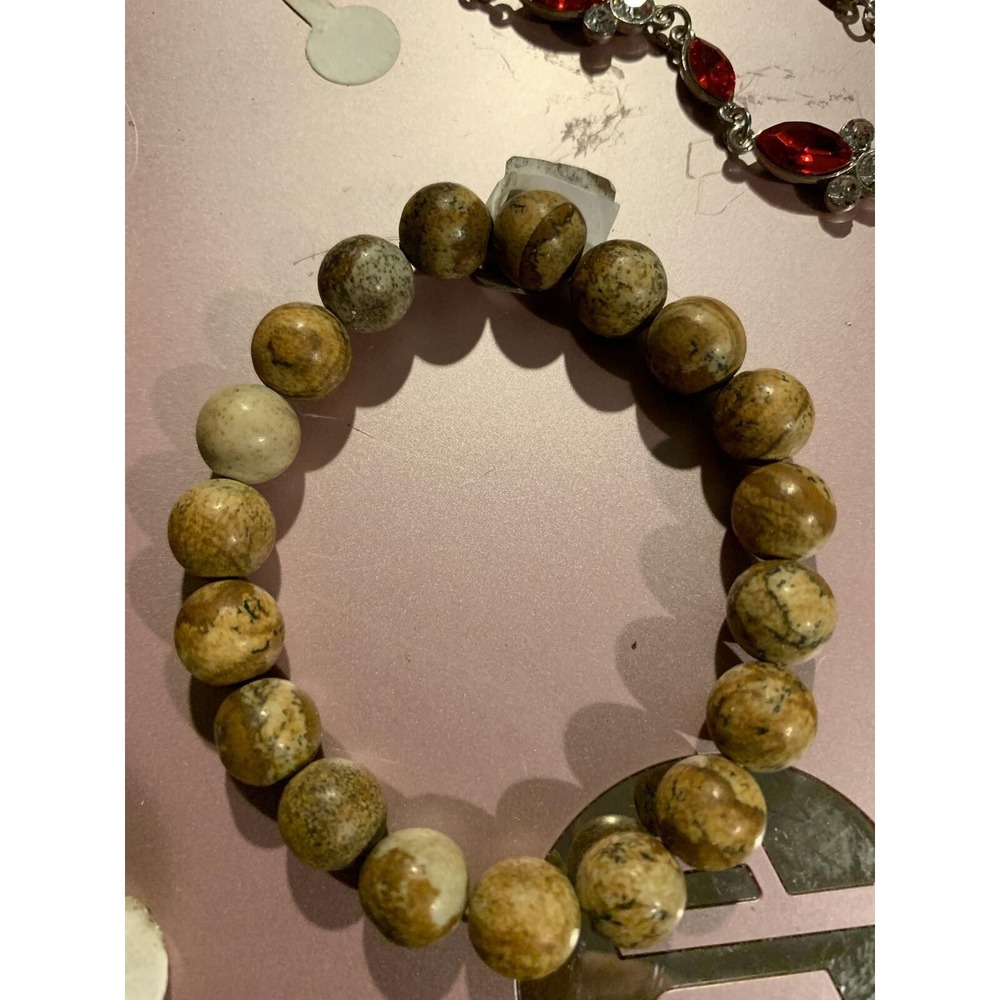 Unbranded Natural Stone Beaded Stretch Bracelet Earthy Brown Tan Jasper Style